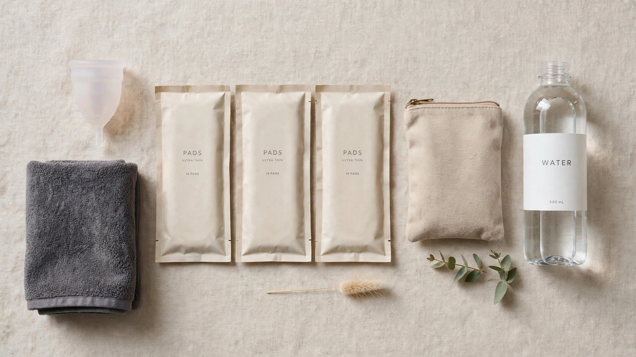 Flat lay of menstrual hygiene products including a menstrual cup and folded dark towel