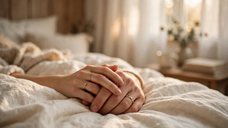 Couple's intertwined hands resting on bed sheets in warm morning light — sex during period tips