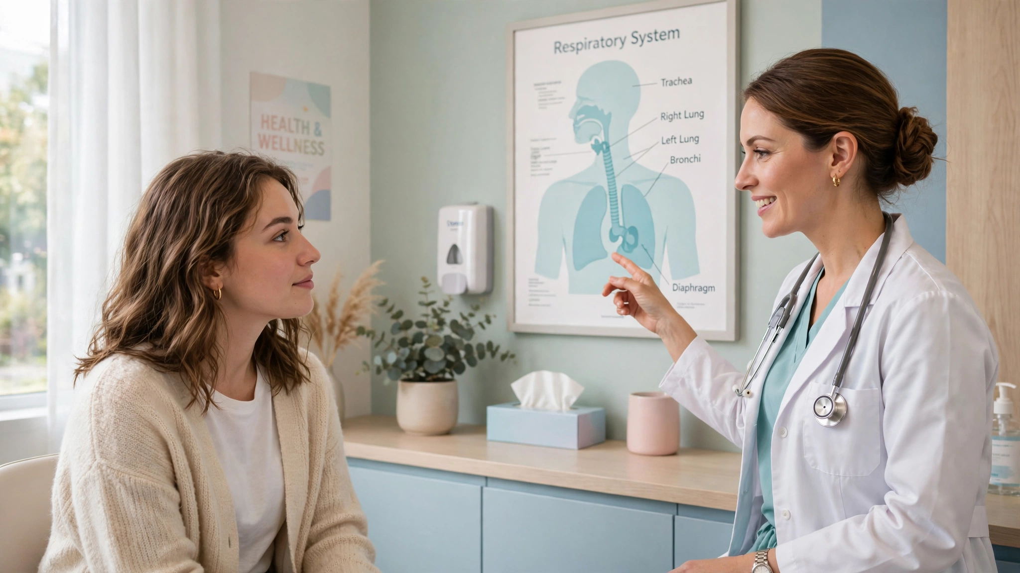 A woman consulting a female doctor in a bright modern clinic