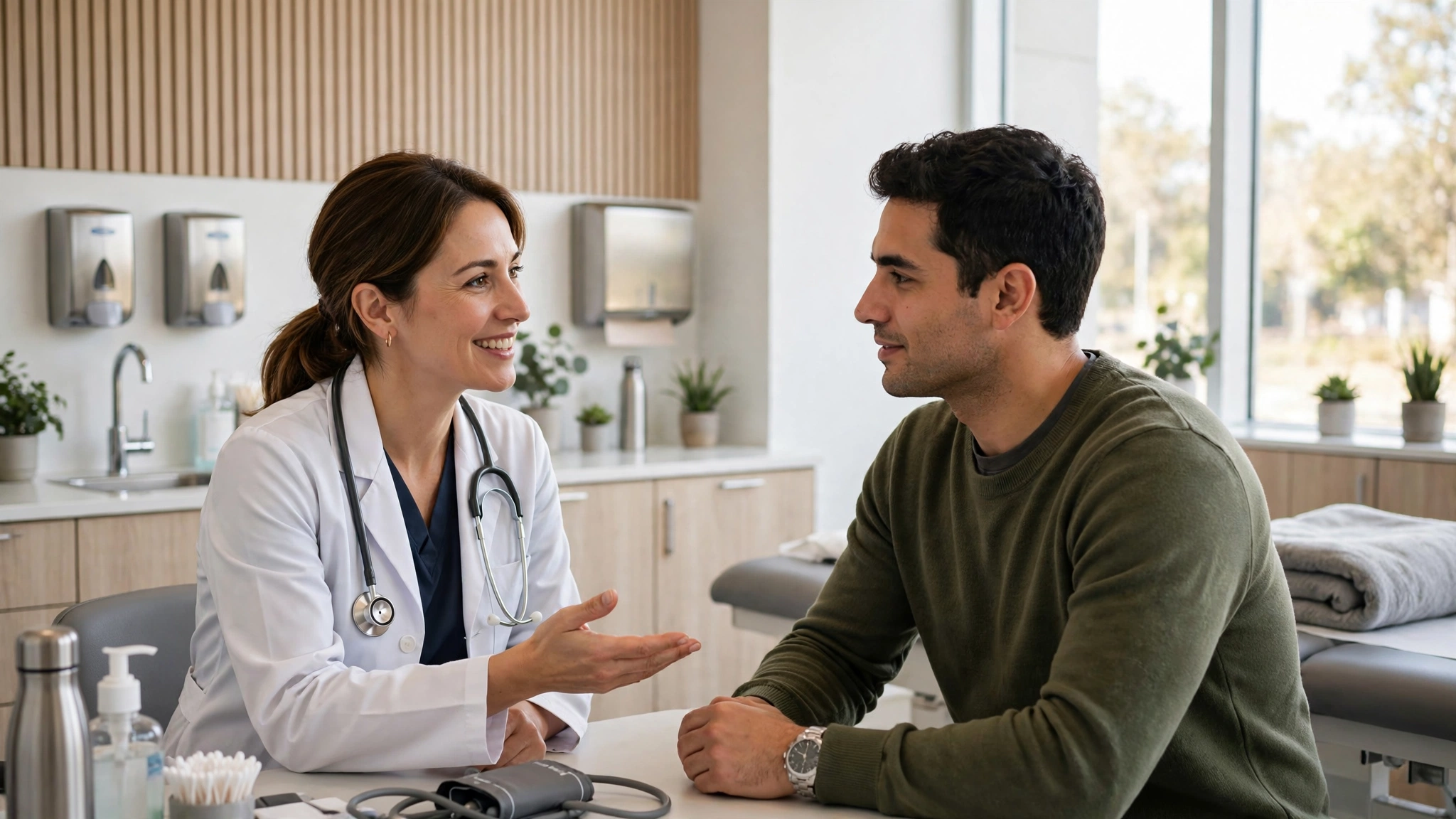 Doctor consulting with a patient in a bright clinic about sexual health and hygiene questions