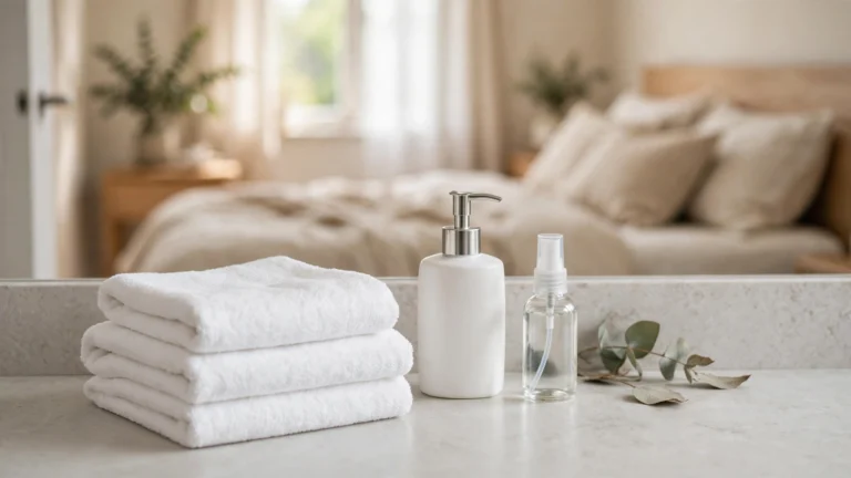 Clean bathroom countertop with folded towels and gentle soap bottles — the essentials this sex toy hygiene cleaning guide recommends
