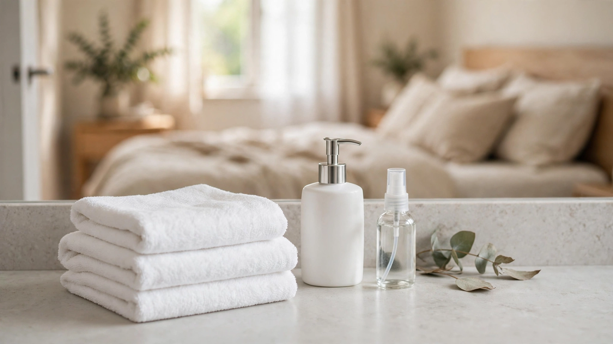 Clean bathroom countertop with folded towels and gentle soap bottles — the essentials this sex toy hygiene cleaning guide recommends