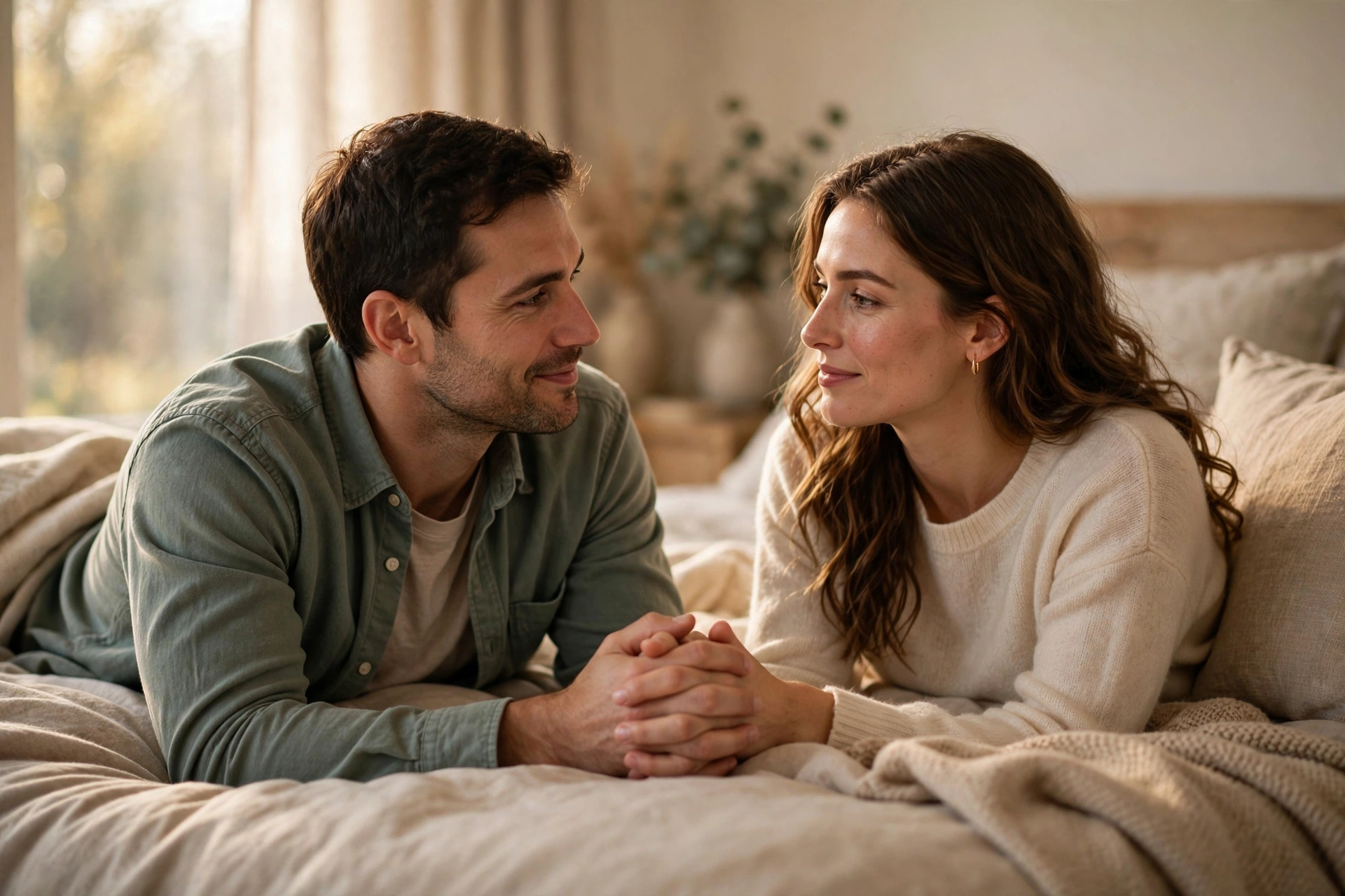 Couple holding hands in bed, representing open conversations about safer sex and shared toy hygiene