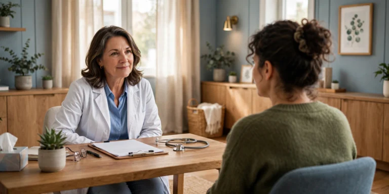 Patient talking with a doctor about sexual health concerns in a reassuring consultation room