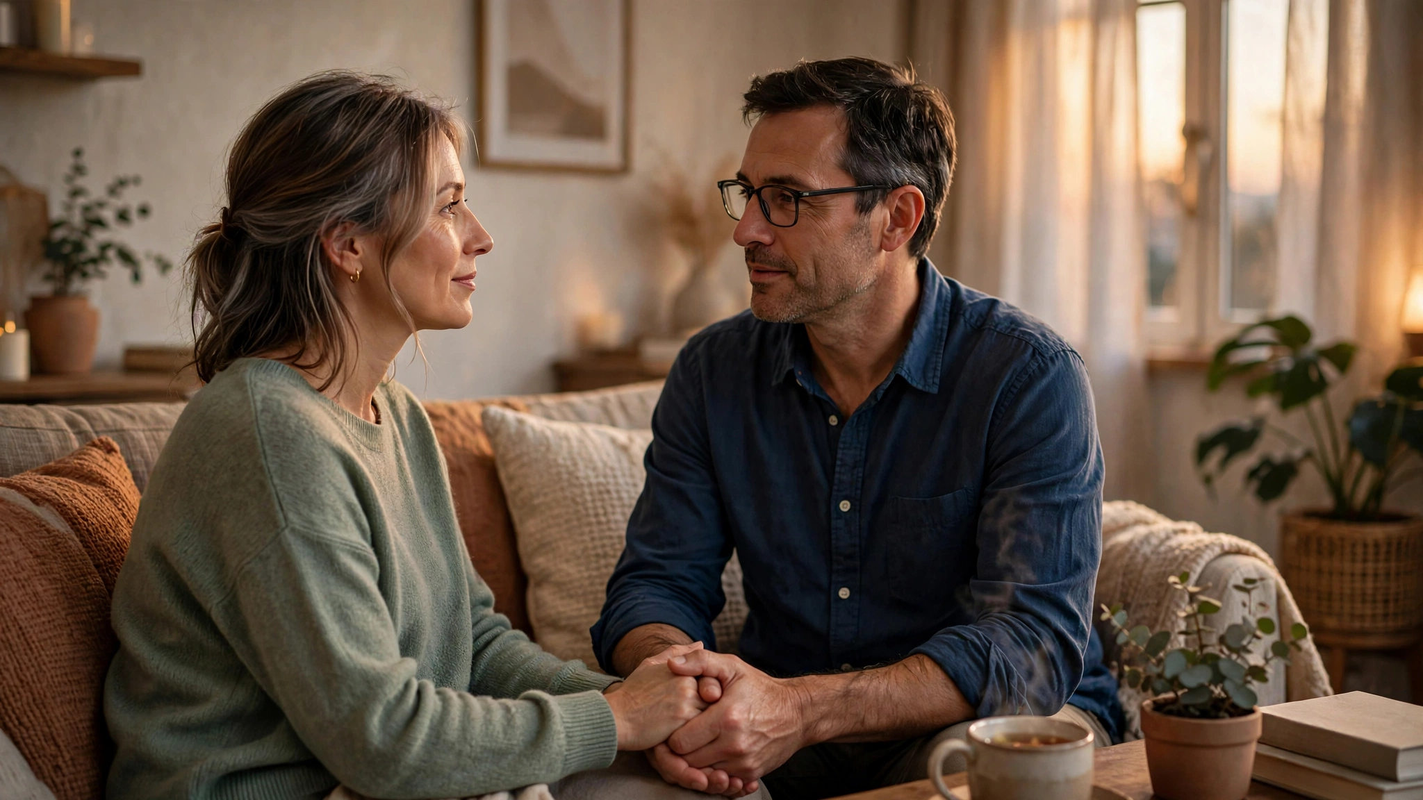 Couple holding hands during a supportive conversation at home