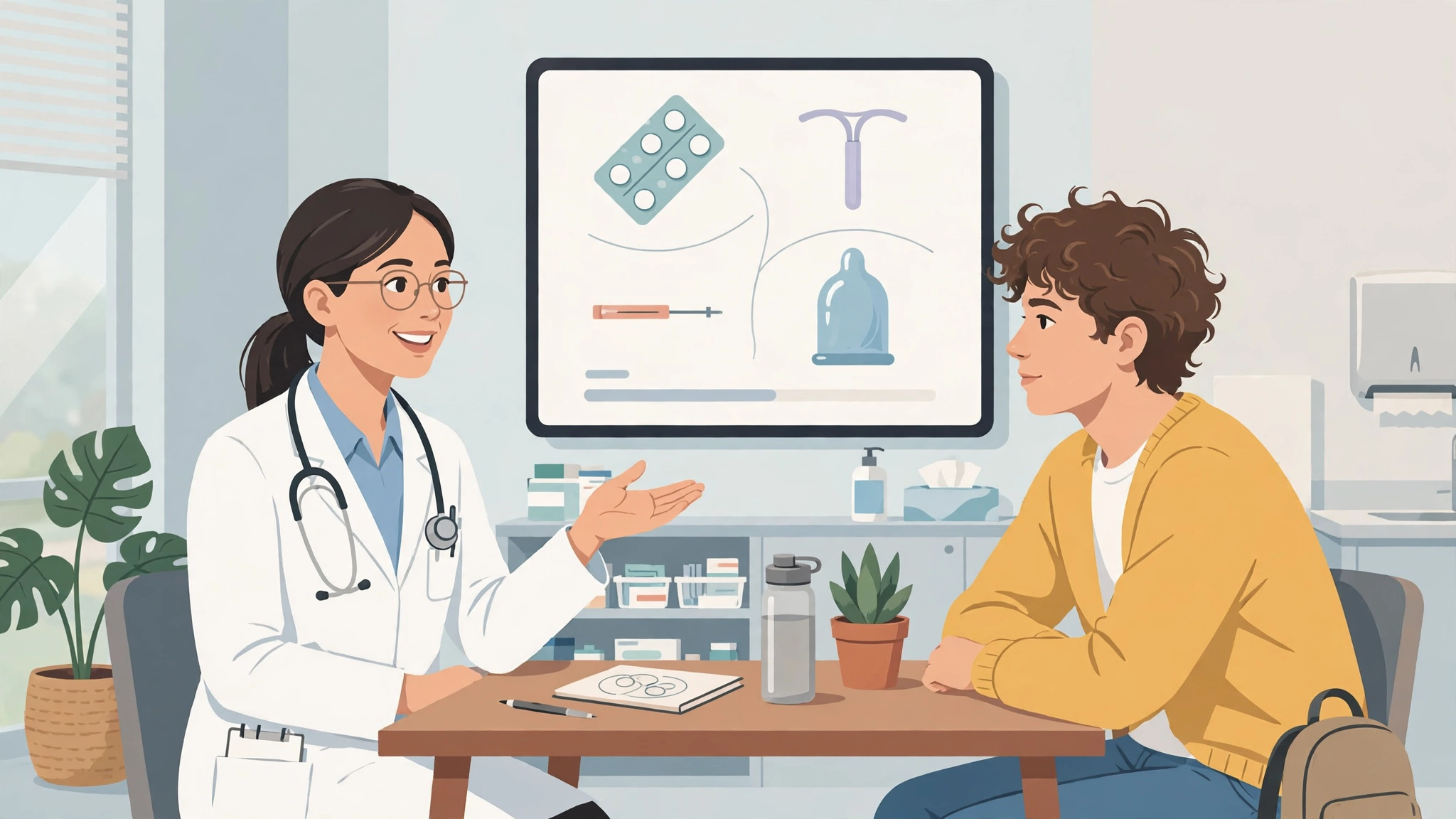 Doctor explaining contraceptive options including withdrawal effectiveness to a patient in a clinic