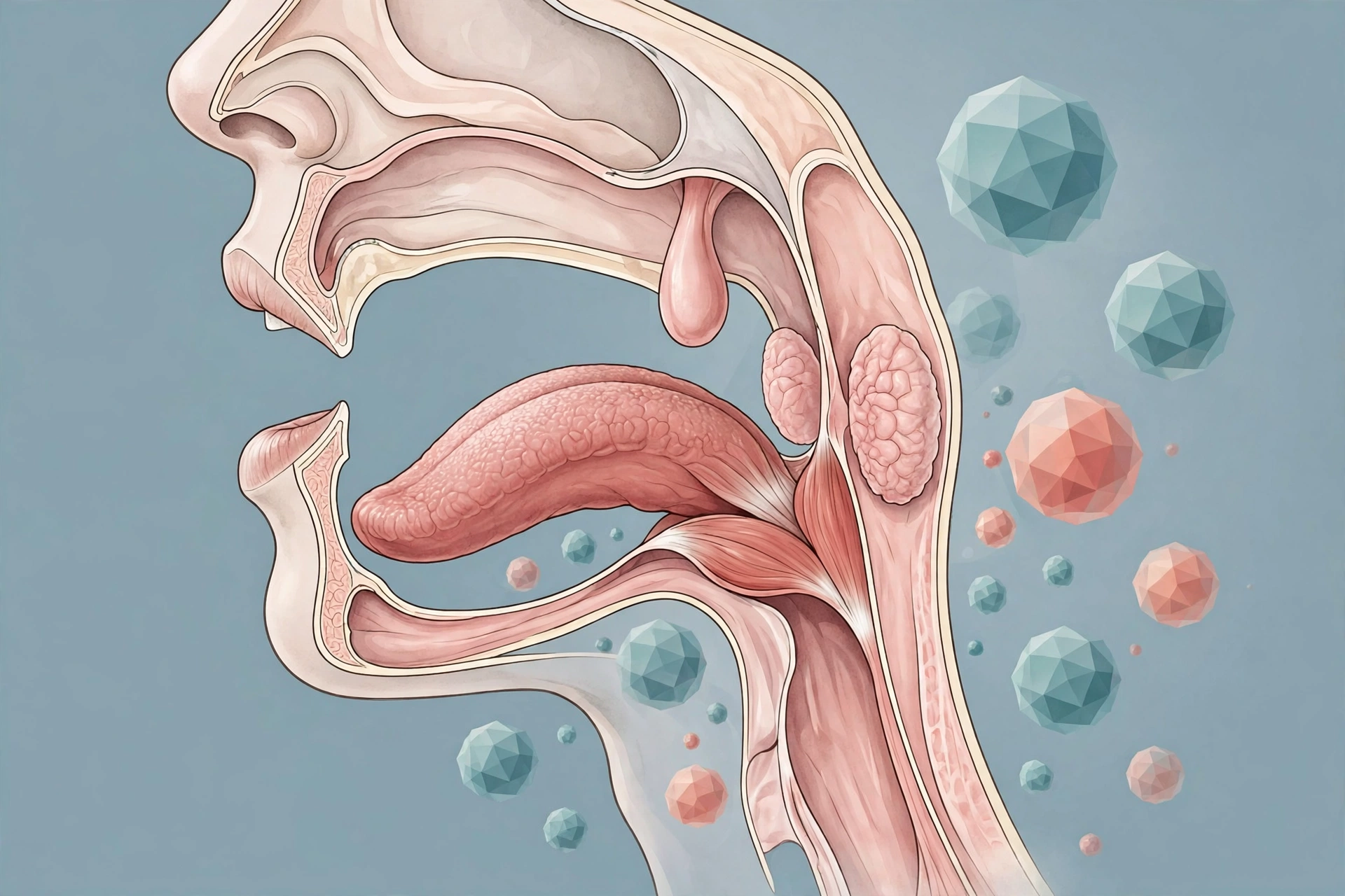 Medical illustration of the human throat and tonsils with stylized HPV virus particles, representing the oral sex HPV risk