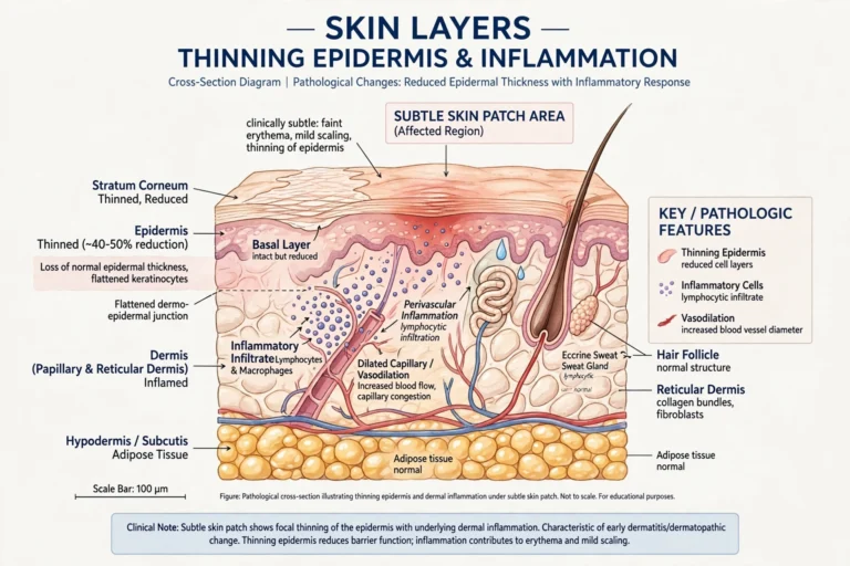Clinical illustration of thinning epidermis and inflammation beneath the skin surface, illustrating lichen sclerosus symptoms