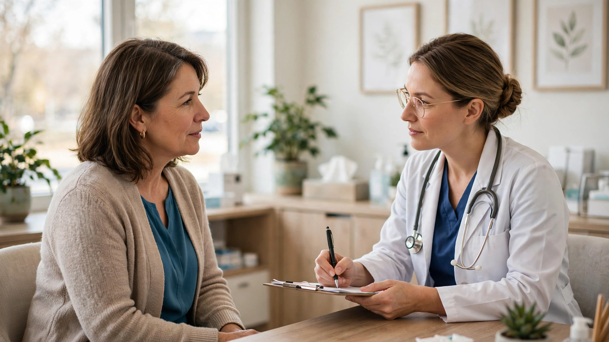 Woman discussing sleep problems with a female doctor during a clinic consultation