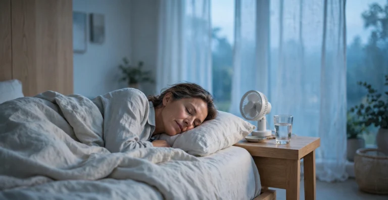 Middle-aged woman sleeping peacefully in a cool, calm bedroom