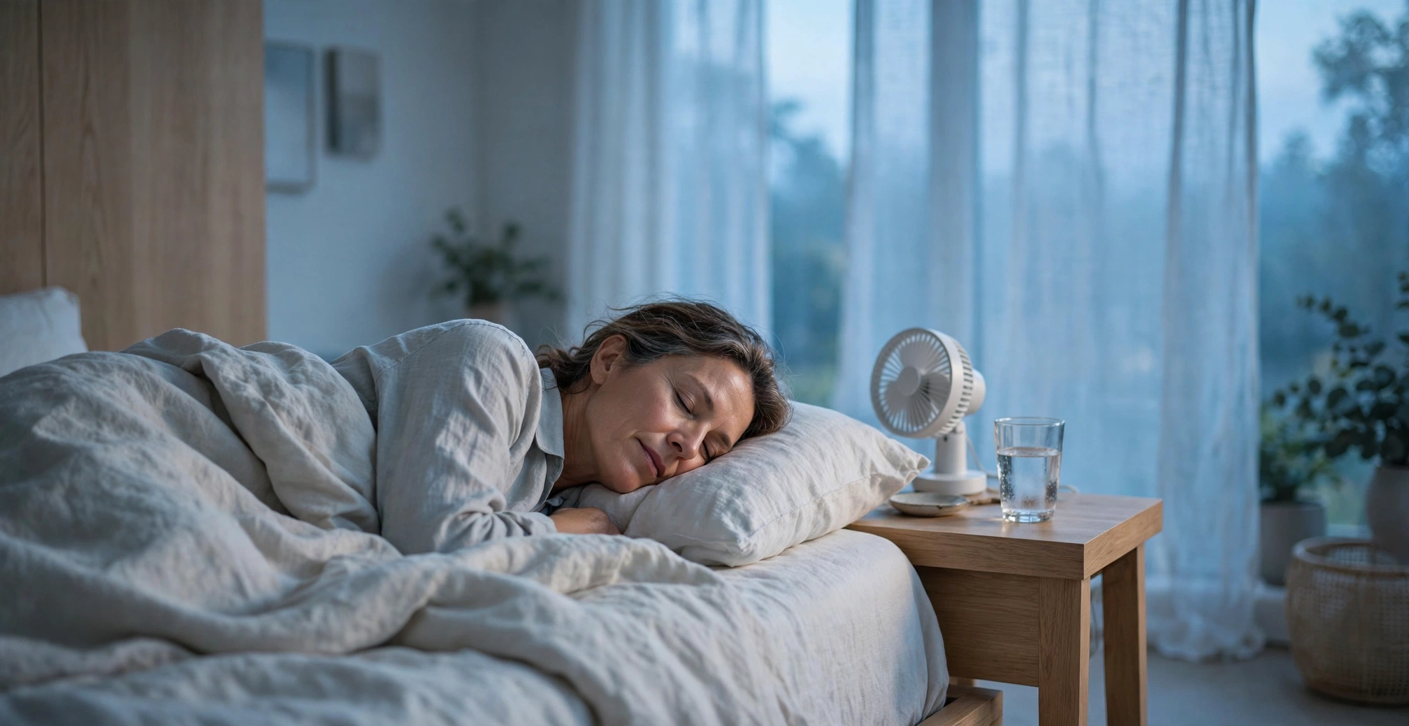 Middle-aged woman sleeping peacefully in a cool, calm bedroom