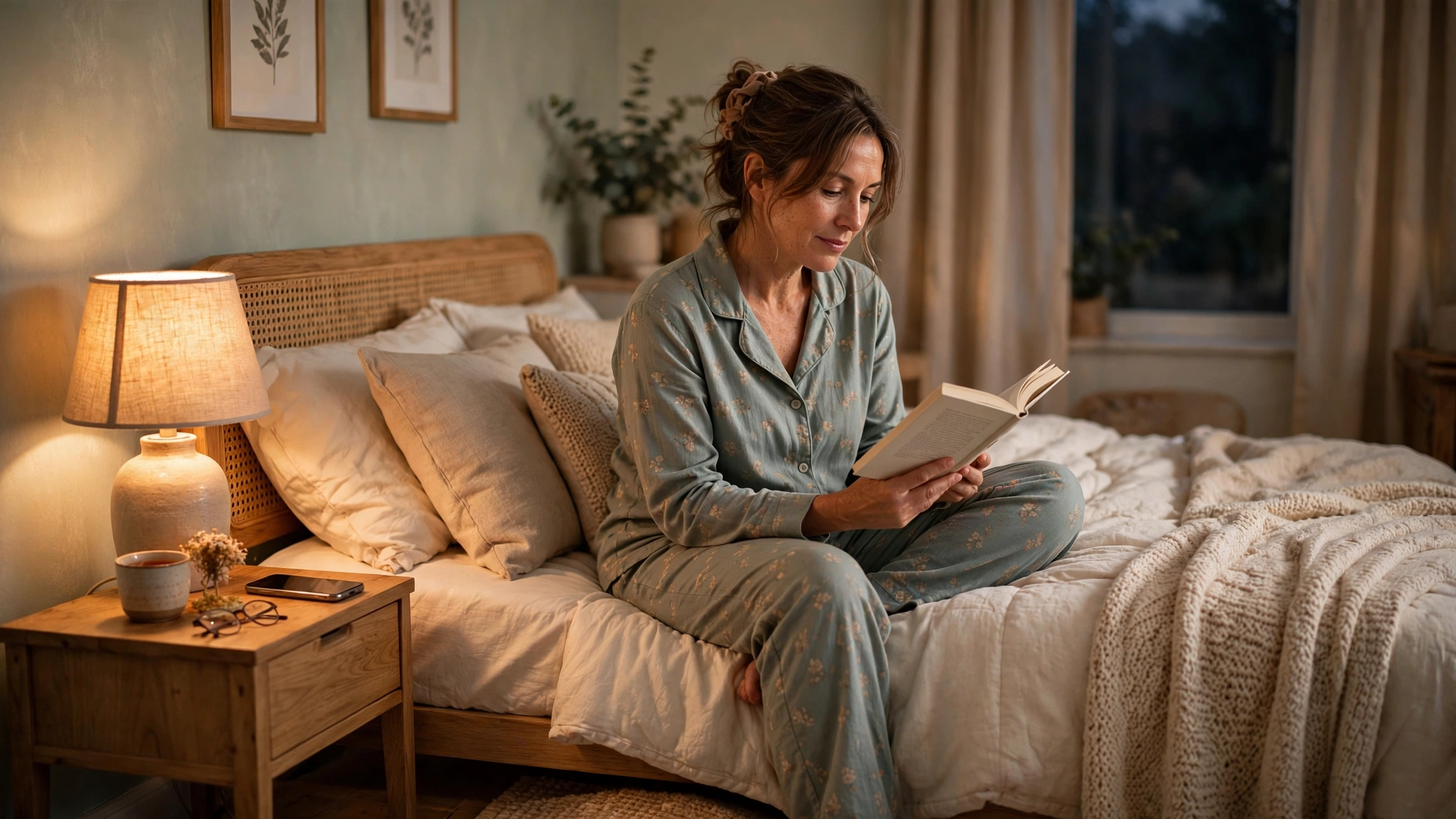 Woman reading a book as part of a relaxing evening bedtime routine
