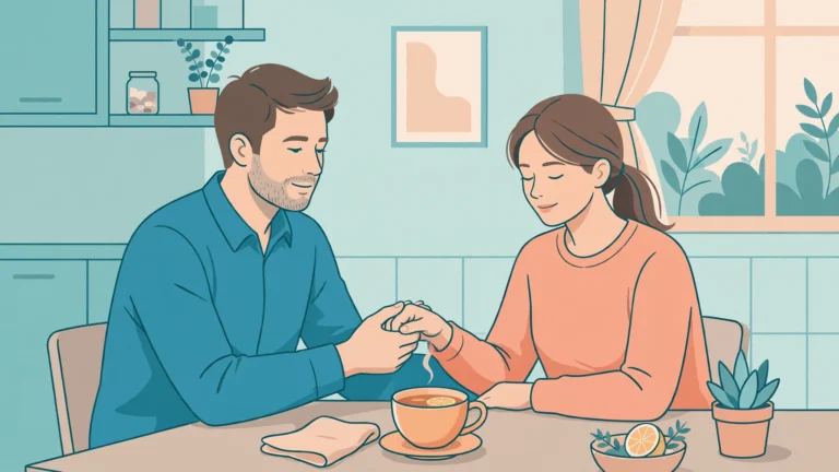 Menopause partner support guide: husband holding wife's hand in supportive conversation.