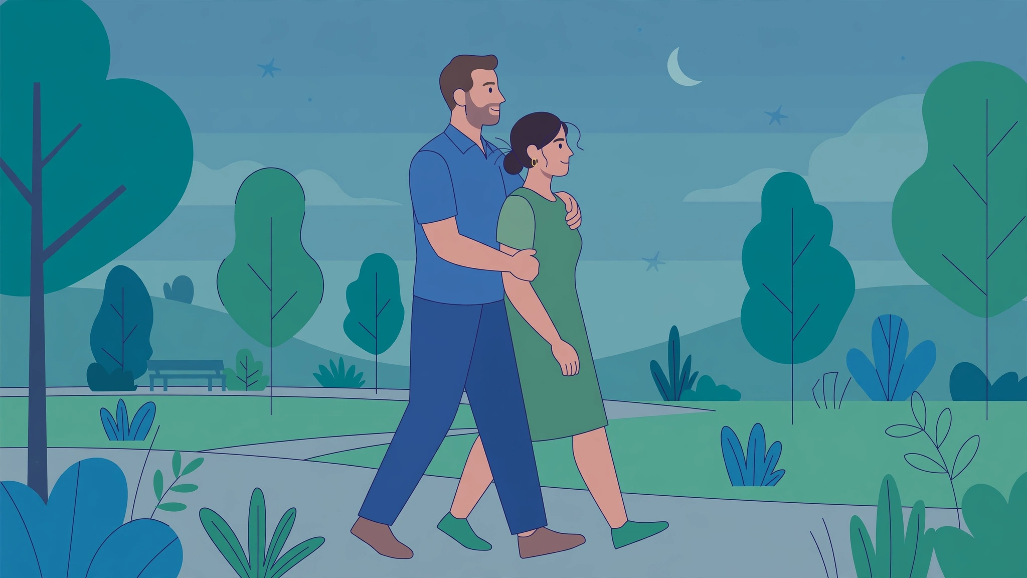 Menopause partner support guide: couple walking together outdoors supporting each other