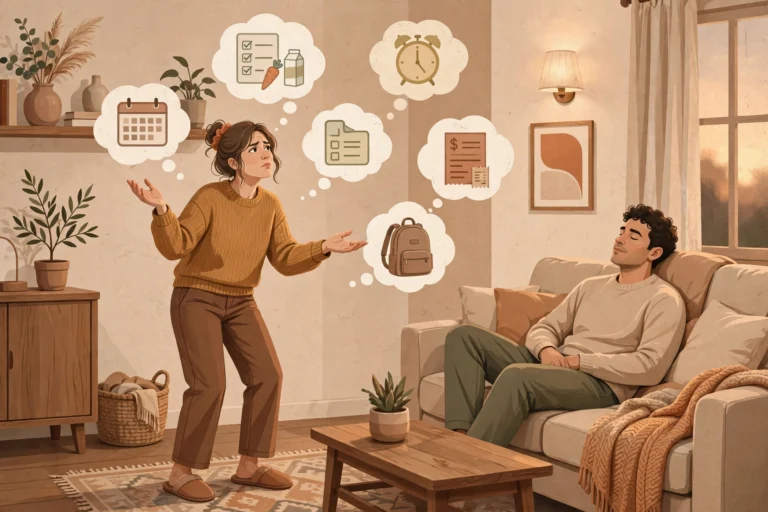 Editorial illustration of the mental load in relationships: one partner juggling floating thought bubbles of calendars, grocery lists, and bills while the other partner sits nearby, unaware