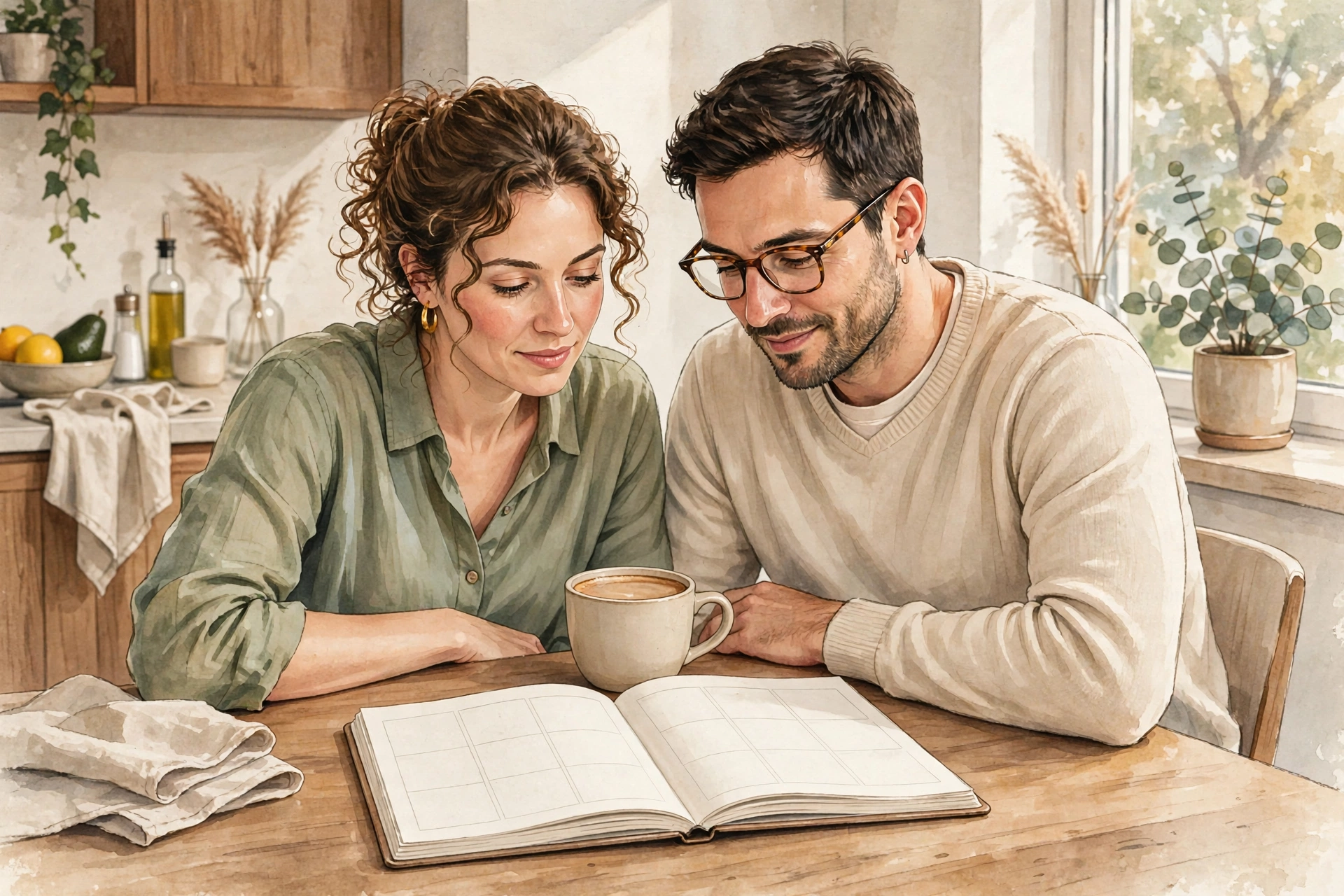 A couple calmly reviewing a shared weekly planner together at a kitchen table, working as a team