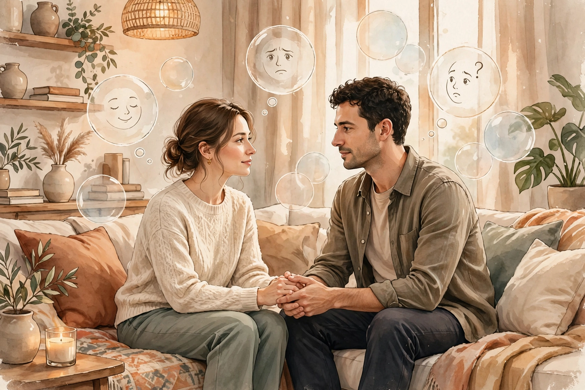 microexpressions - Couple sitting face to face holding hands with gentle emotion icons floating between them, practicing empathetic face-reading