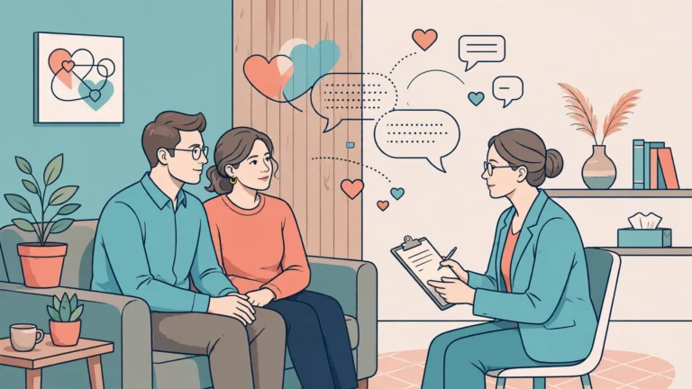 Flat medical illustration of a couple in counseling about mismatched libidos in marriage