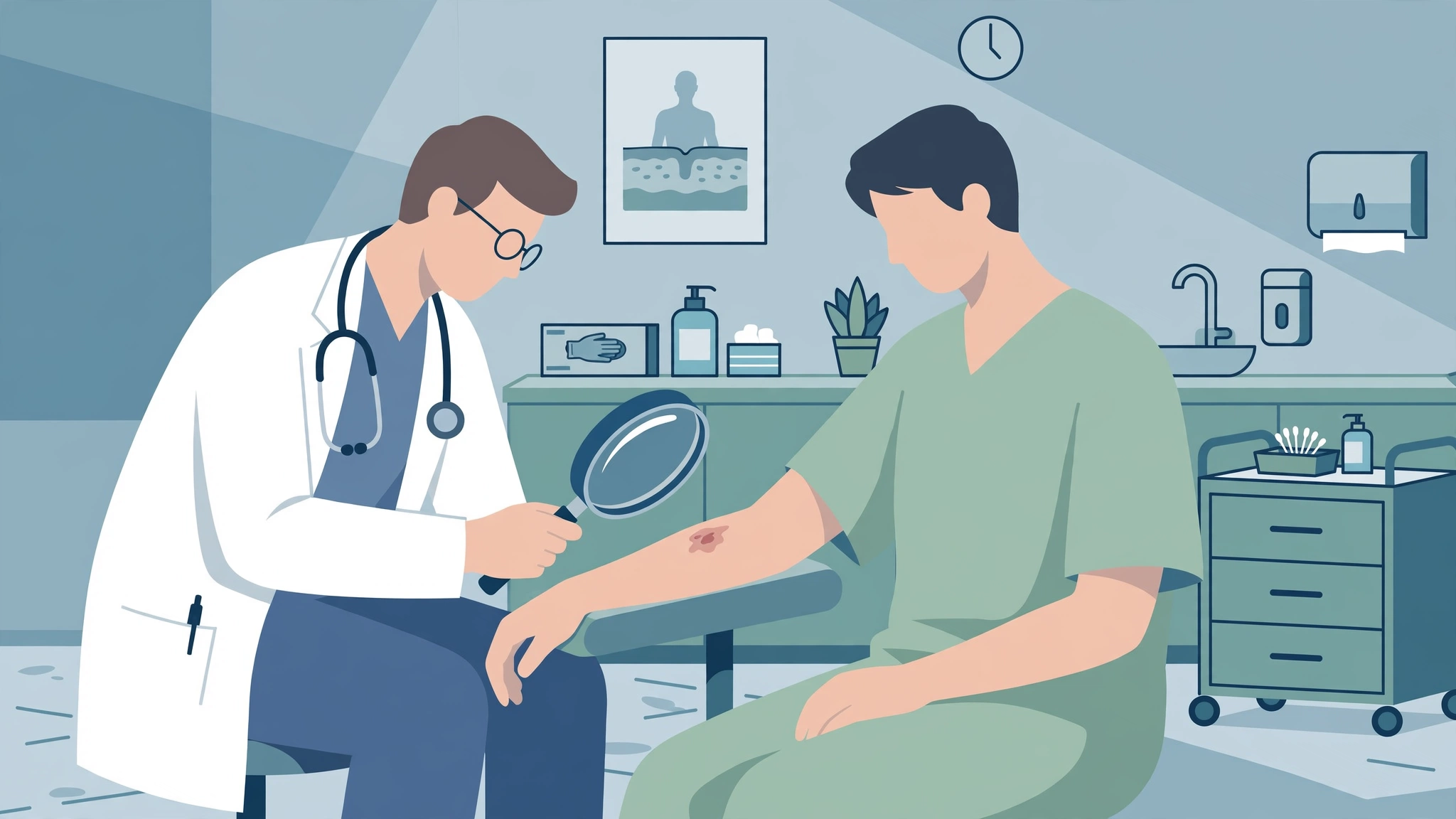 Molluscum contagiosum STI diagnosis: doctor examining a skin lesion