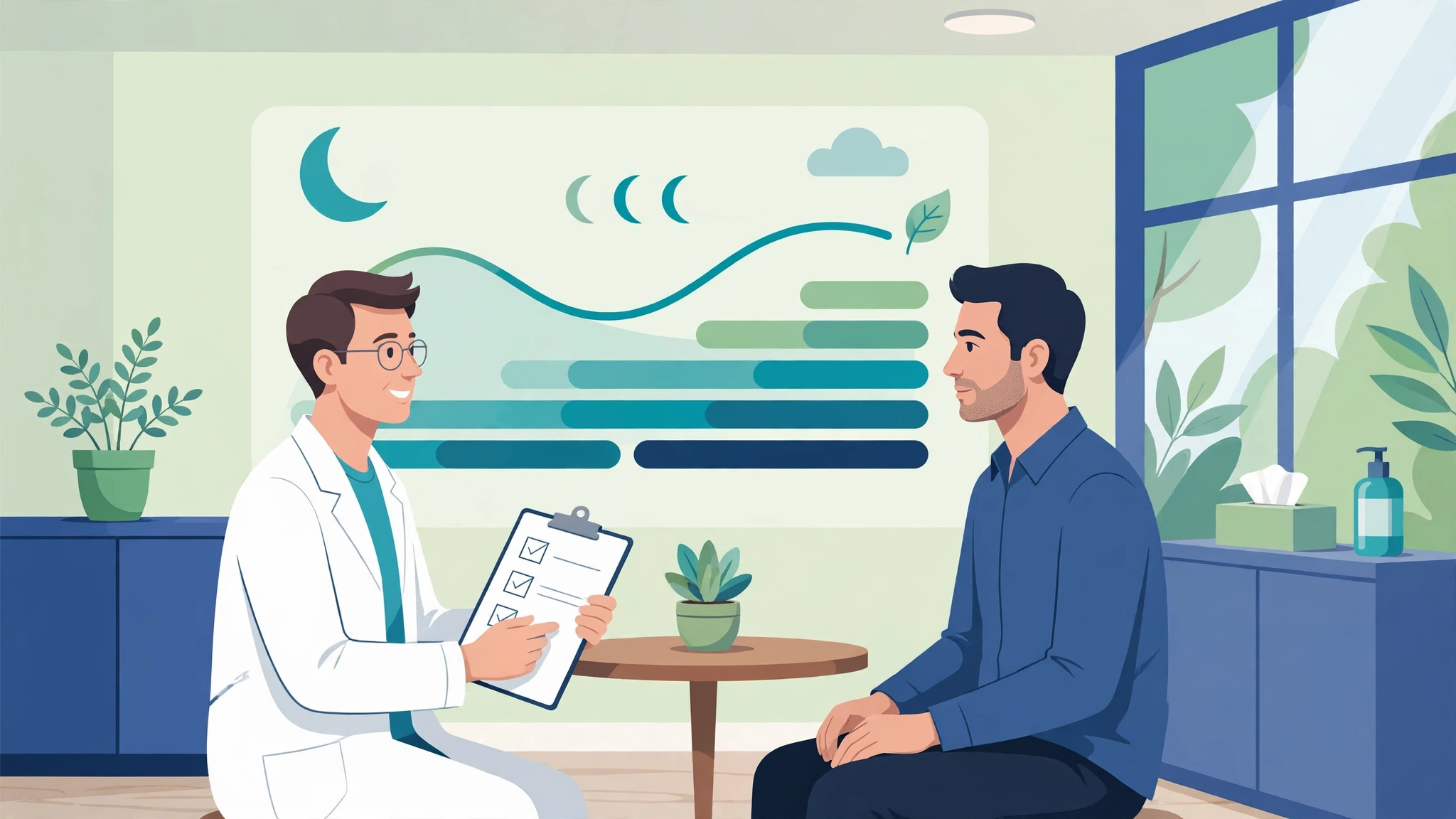 Doctor discussing morning erections and ED diagnosis with a patient in a clinic