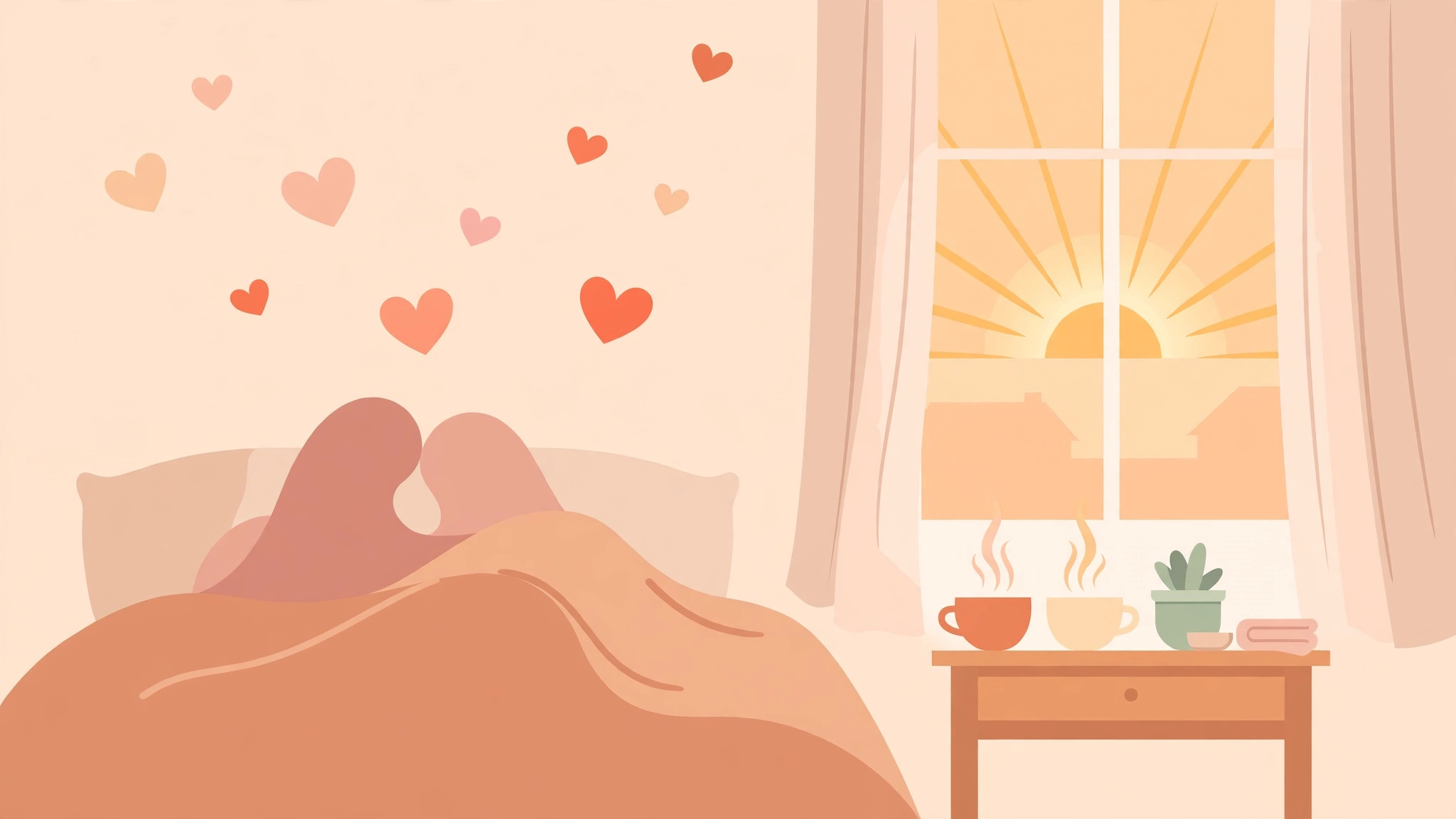 Cozy sunlit bedroom scene with coffee cups symbolizing a relaxed morning intimacy routine