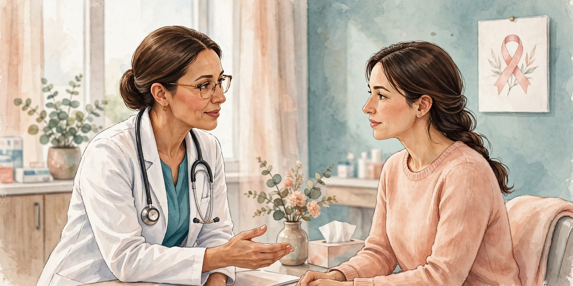 A female doctor in a white coat consulting with a female patient in a warm, bright clinic room about breast health concerns
