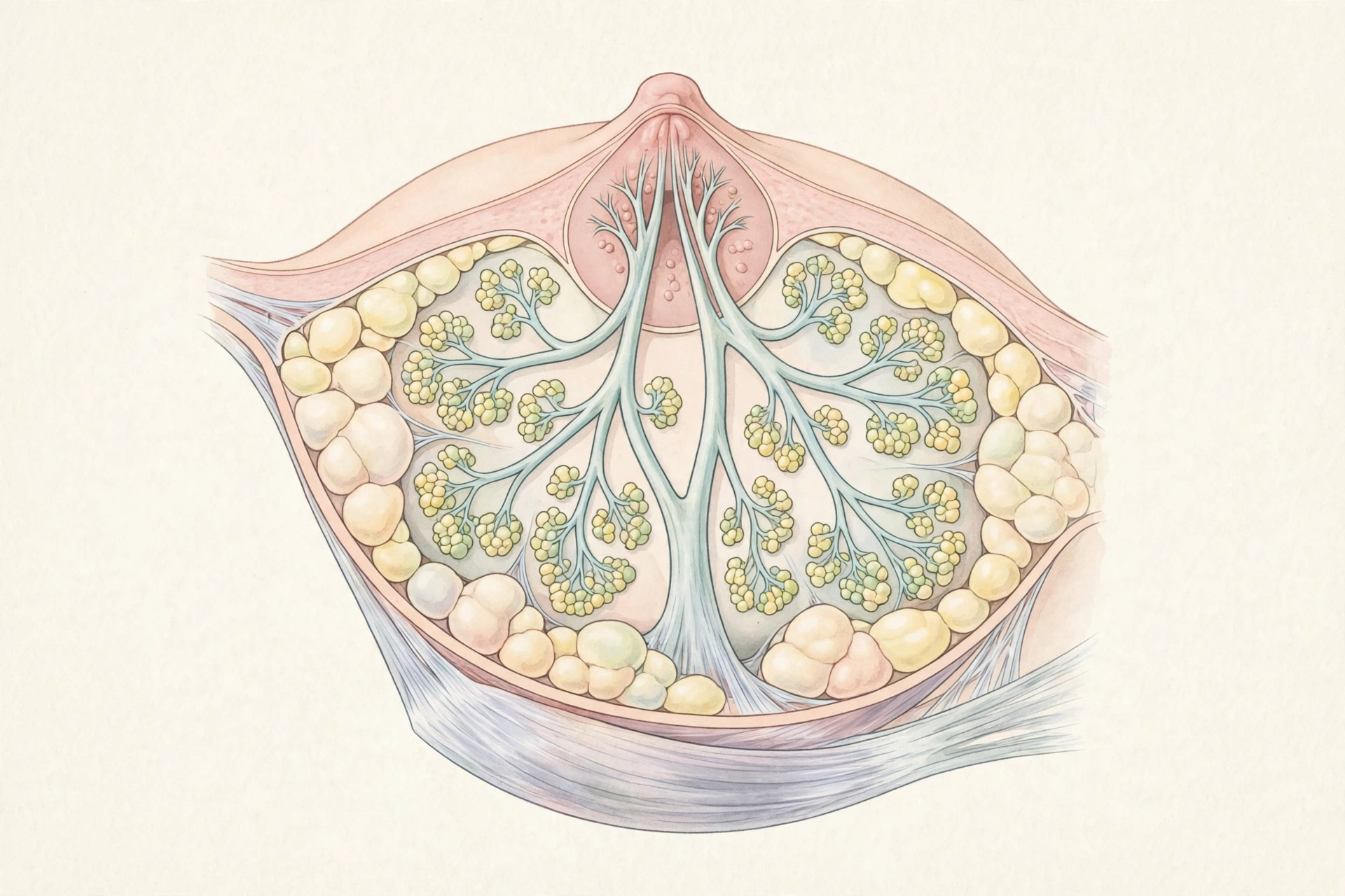 Educational anatomical illustration of the female breast showing the internal milk duct system where many common nipple discharge causes originate, in soft pastel tones