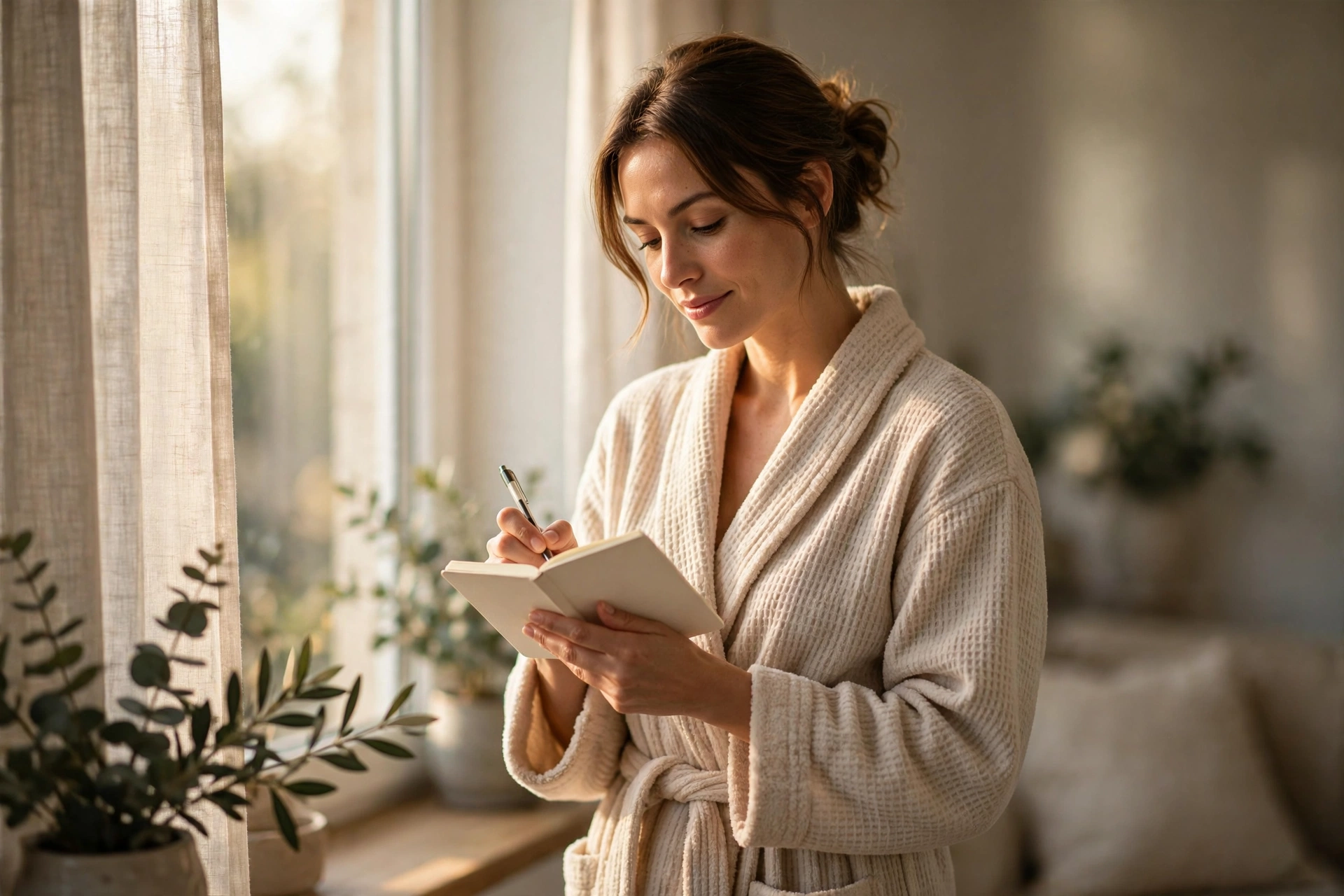 A woman in a cozy robe by a sunlit window writing in a notebook while tracking her breast health symptoms