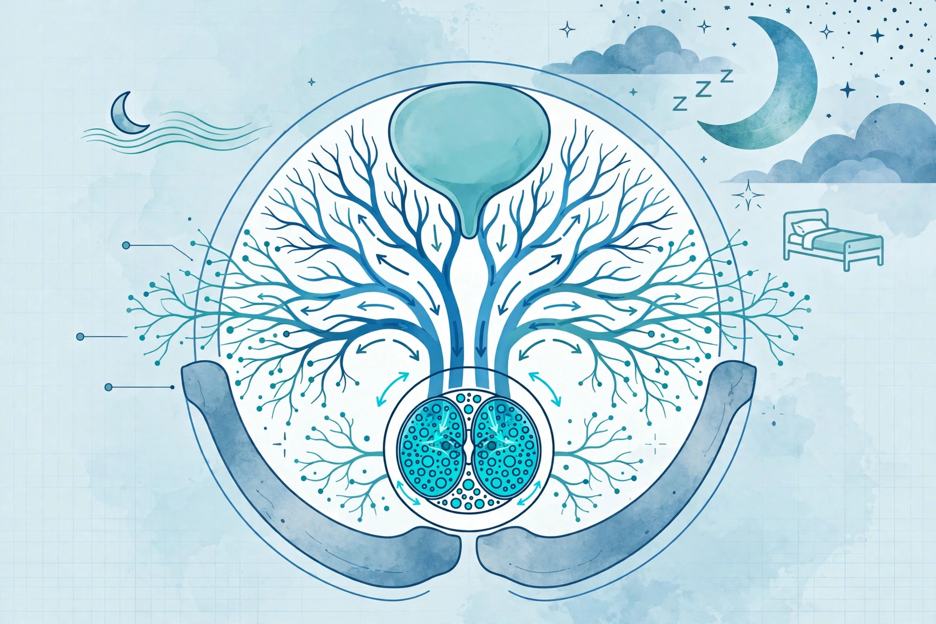 Clinical illustration of nocturnal erections: blood-flow and nerve diagram of the male pelvis during sleep, with a moon motif