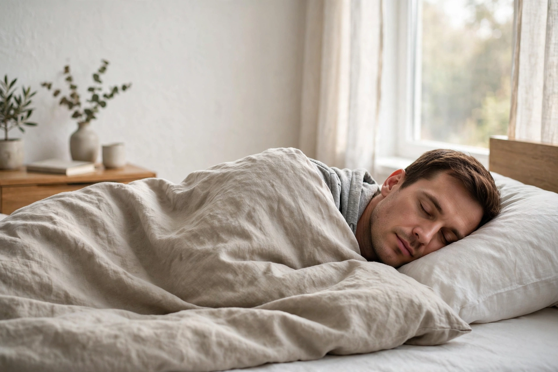 nocturnal erections - Adult man sleeping peacefully on his side in a bright bedroom, covered by bedding