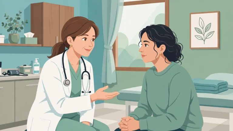 Illustration of a woman discussing obgyn sexual health questions with her OBGYN doctor