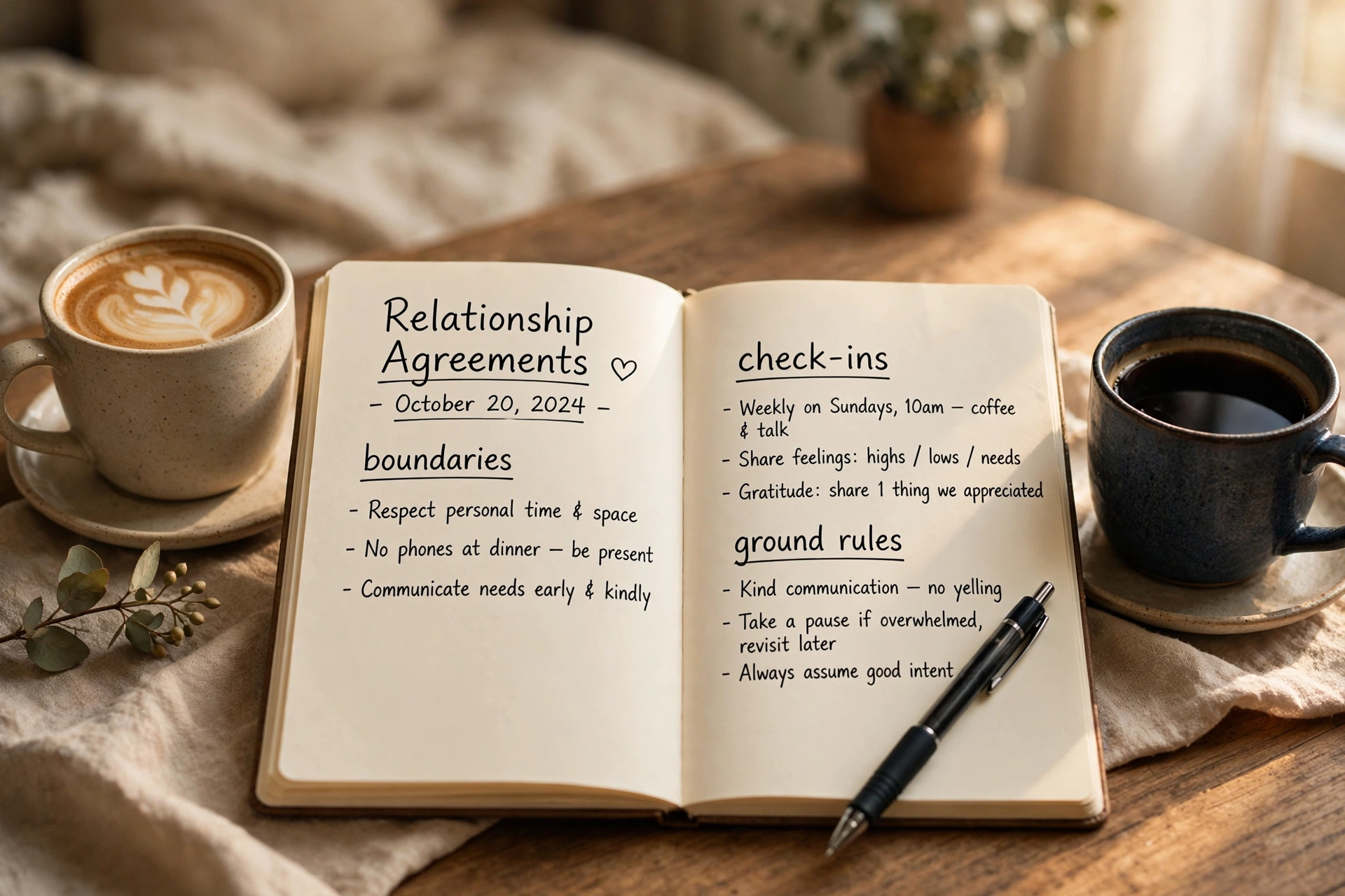 A notebook listing written agreements and ground rules for an open relationship