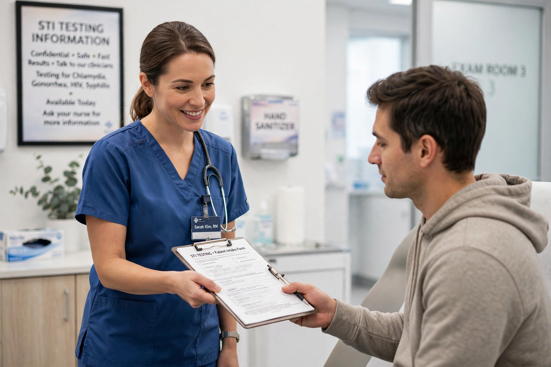 A nurse handing a patient a clipboard in a clean health clinic for STI testing related to open relationships