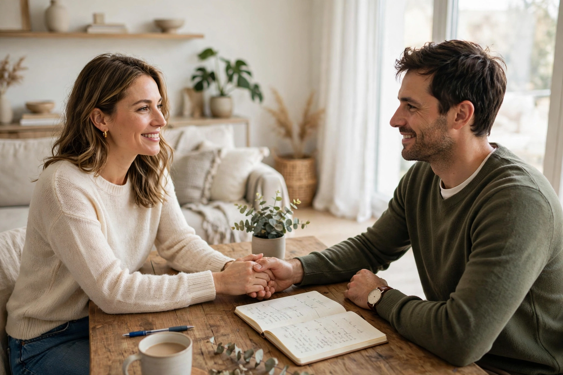 A couple holding hands while having an honest conversation at home — beginner's open relationships guide illustration