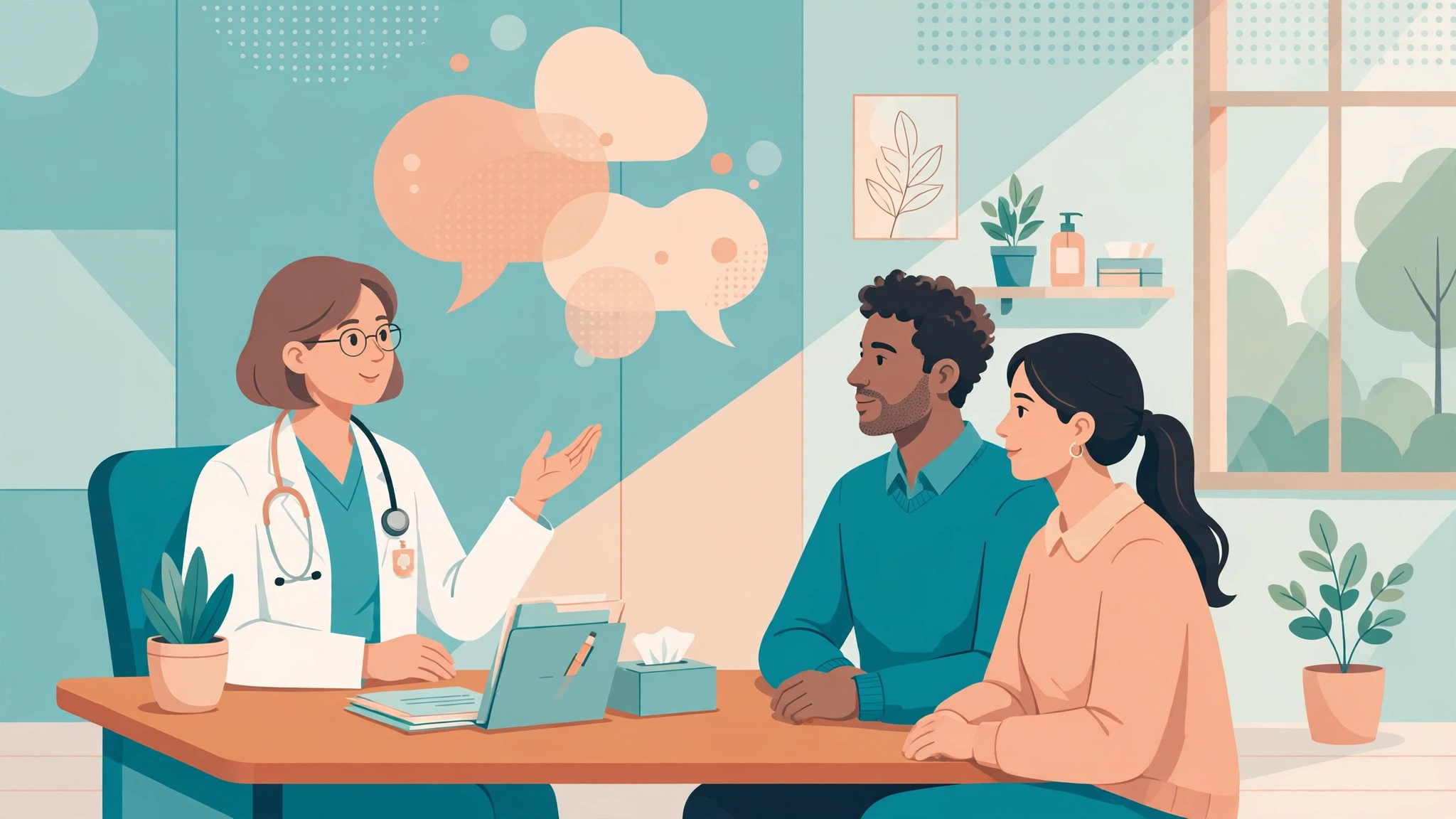 Couple discussing orgasm headache treatment options with a doctor