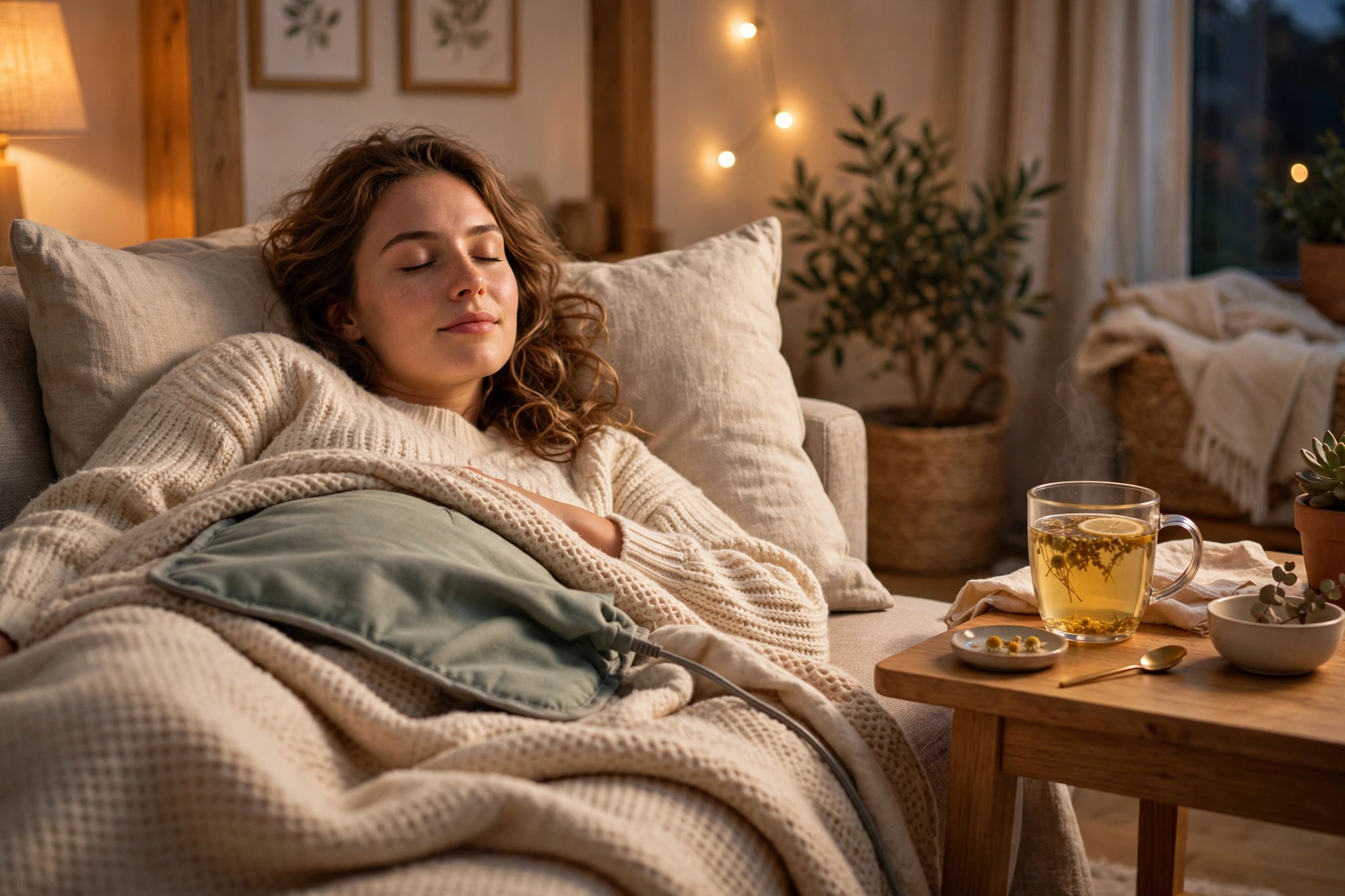Woman resting at home with a heating pad for pelvic comfort