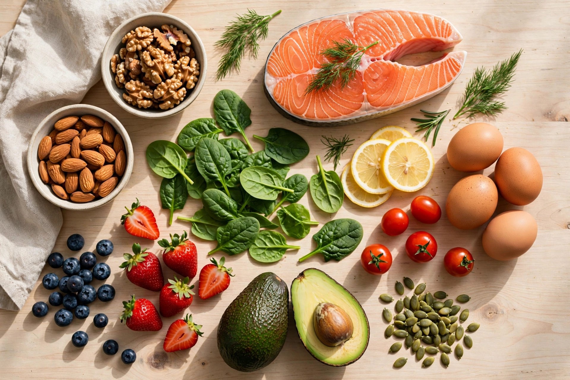 Flat-lay of antioxidant-rich foods that support healthy sperm production, including salmon, walnuts, berries, spinach, and eggs — a diet that shows how to increase sperm count naturally