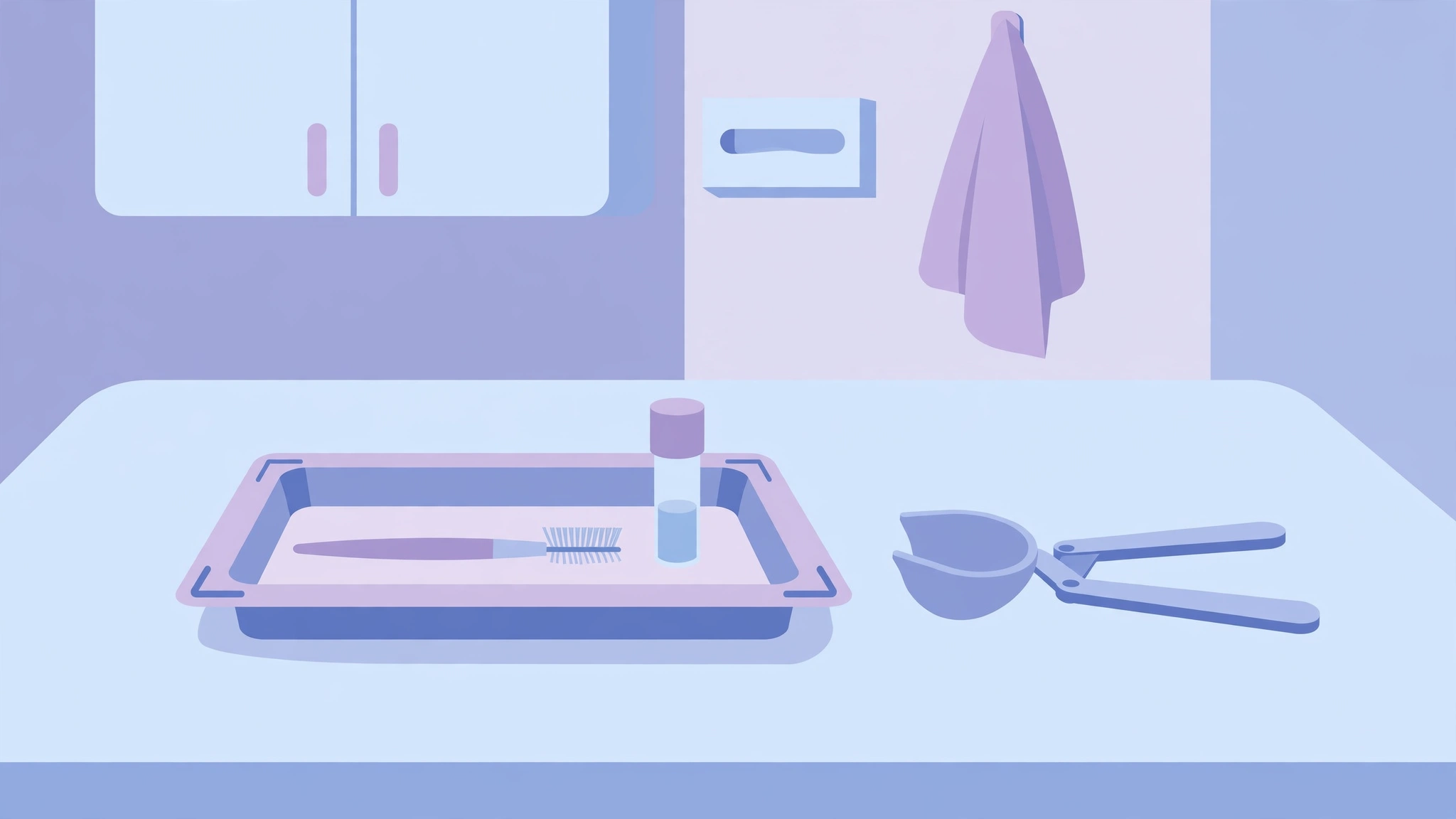 Flat vector illustration of pap smear guide screening tools: specimen brush, sample vial, and speculum in a clinic