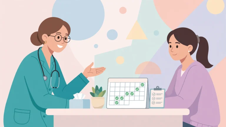 Clinical illustration for this pap smear guide showing a doctor reviewing cervical screening results with a patient