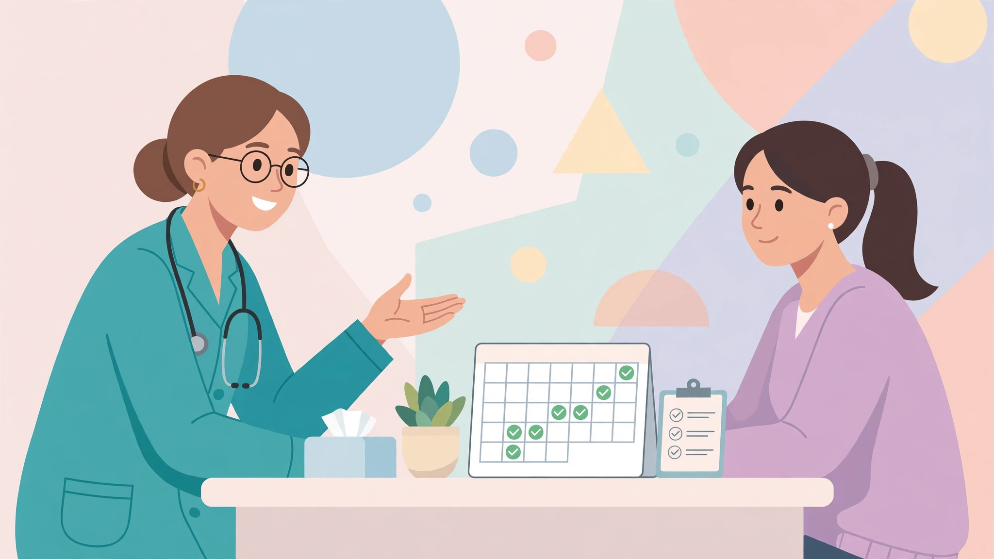 Clinical illustration for this pap smear guide showing a doctor reviewing cervical screening results with a patient