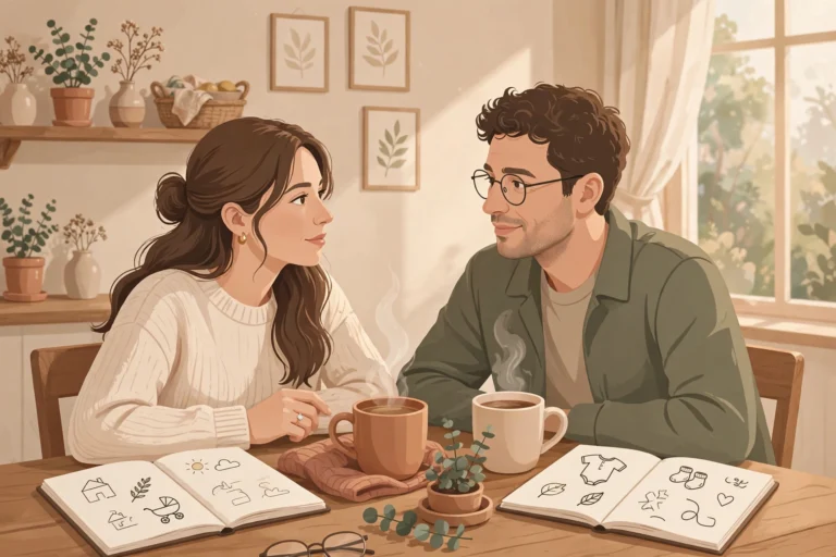 Illustration of an engaged couple discussing parenting styles alignment over open notebooks and coffee at a kitchen table