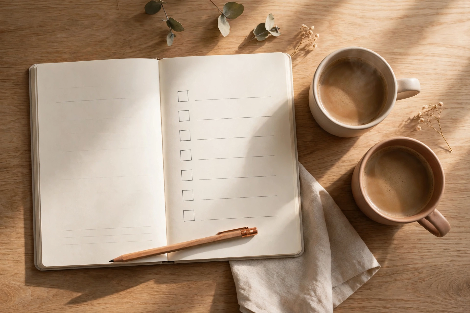 parenting styles - Flat-lay illustration of an open journal with a parenting conversation checklist, a pen, and two coffee cups on a wooden table