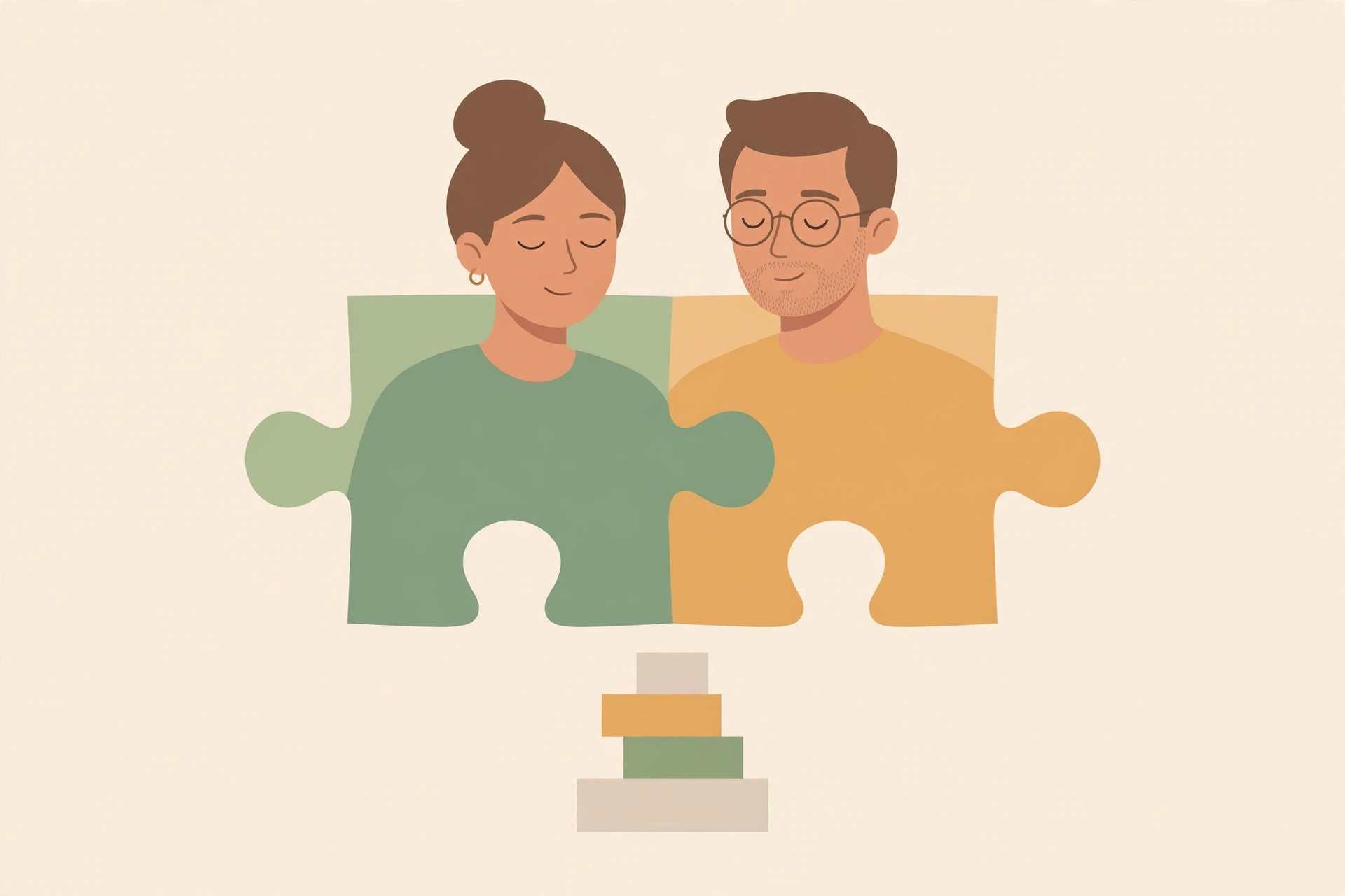 parenting styles - Editorial illustration of two parents as interlocking puzzle pieces joining above children's building blocks, symbolizing aligned parenting teamwork