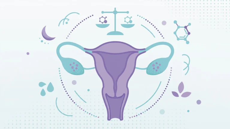 Medical illustration about PCOS and sexual health showing the female reproductive system and hormonal balance symbols