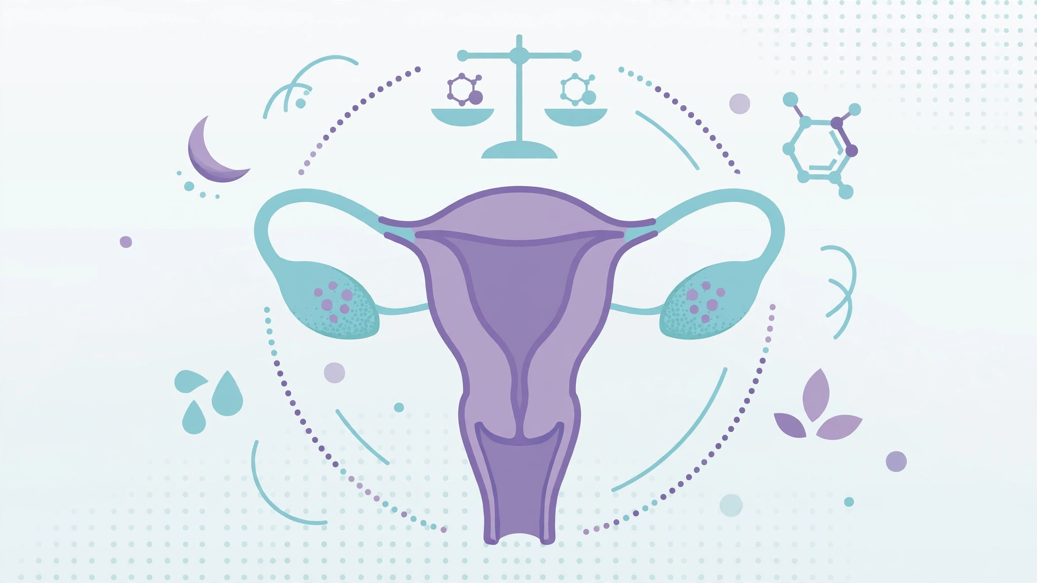 Medical illustration about PCOS and sexual health showing the female reproductive system and hormonal balance symbols