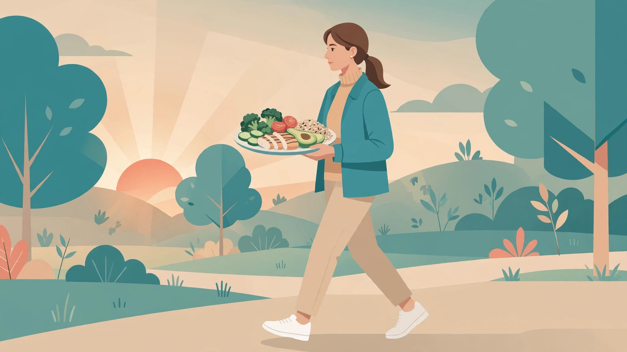 Woman taking a post-meal walk with a balanced plate to improve insulin sensitivity in PCOS
