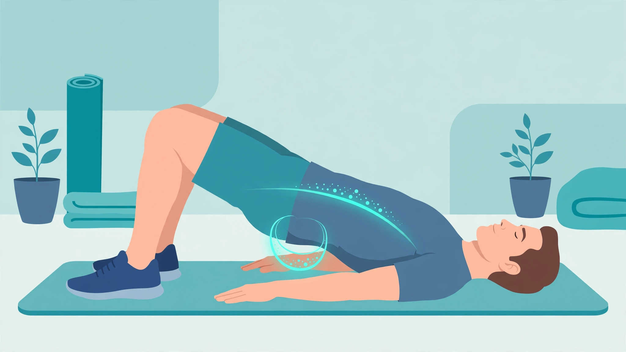 Man doing bridge pose as part of pelvic floor exercises benefits training