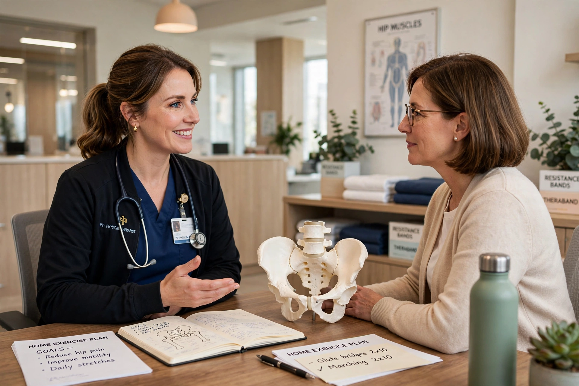 Physical therapist consulting with a patient about pelvic floor physical therapy.