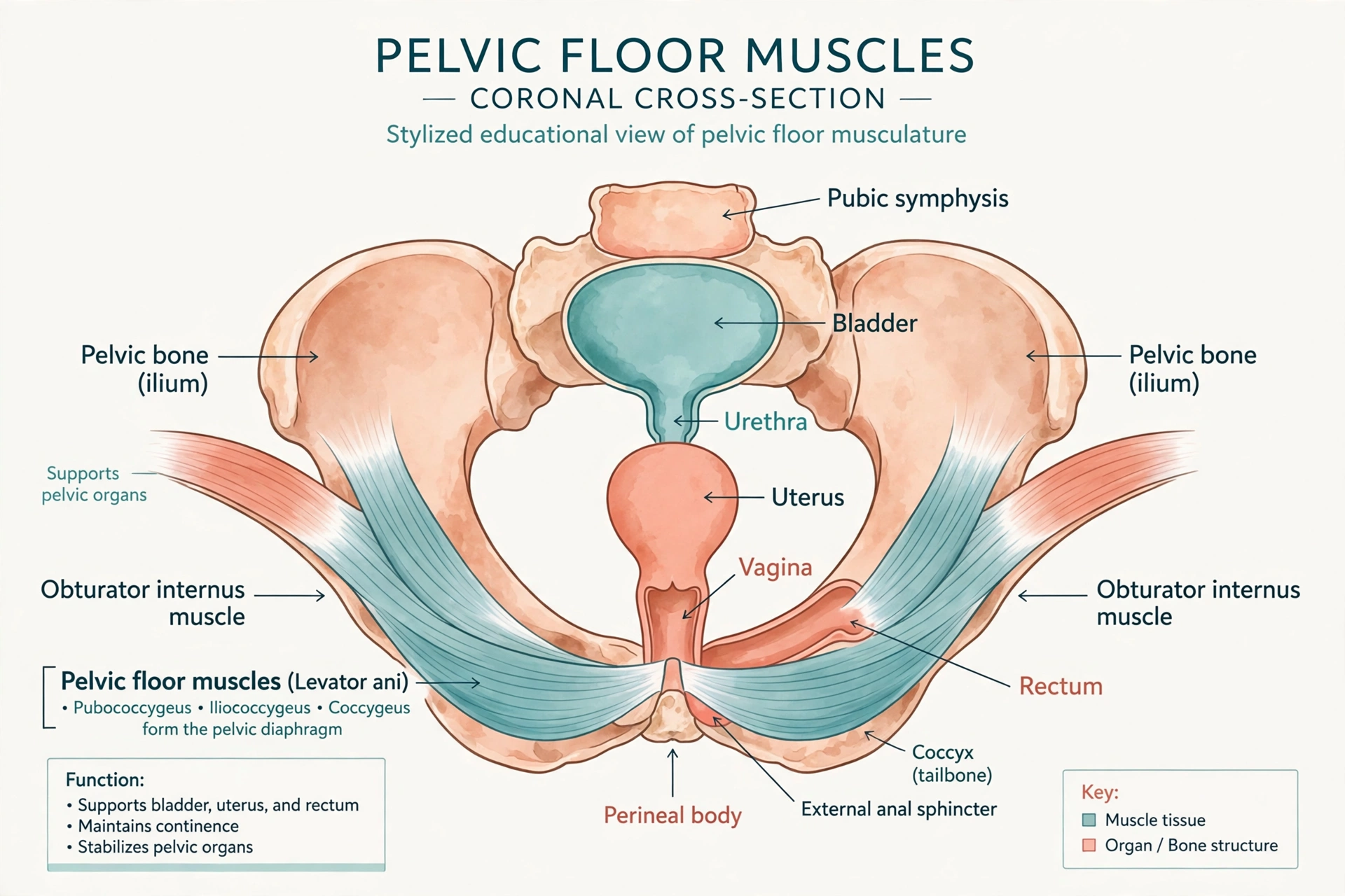 Educational diagram of pelvic floor muscles and anatomy