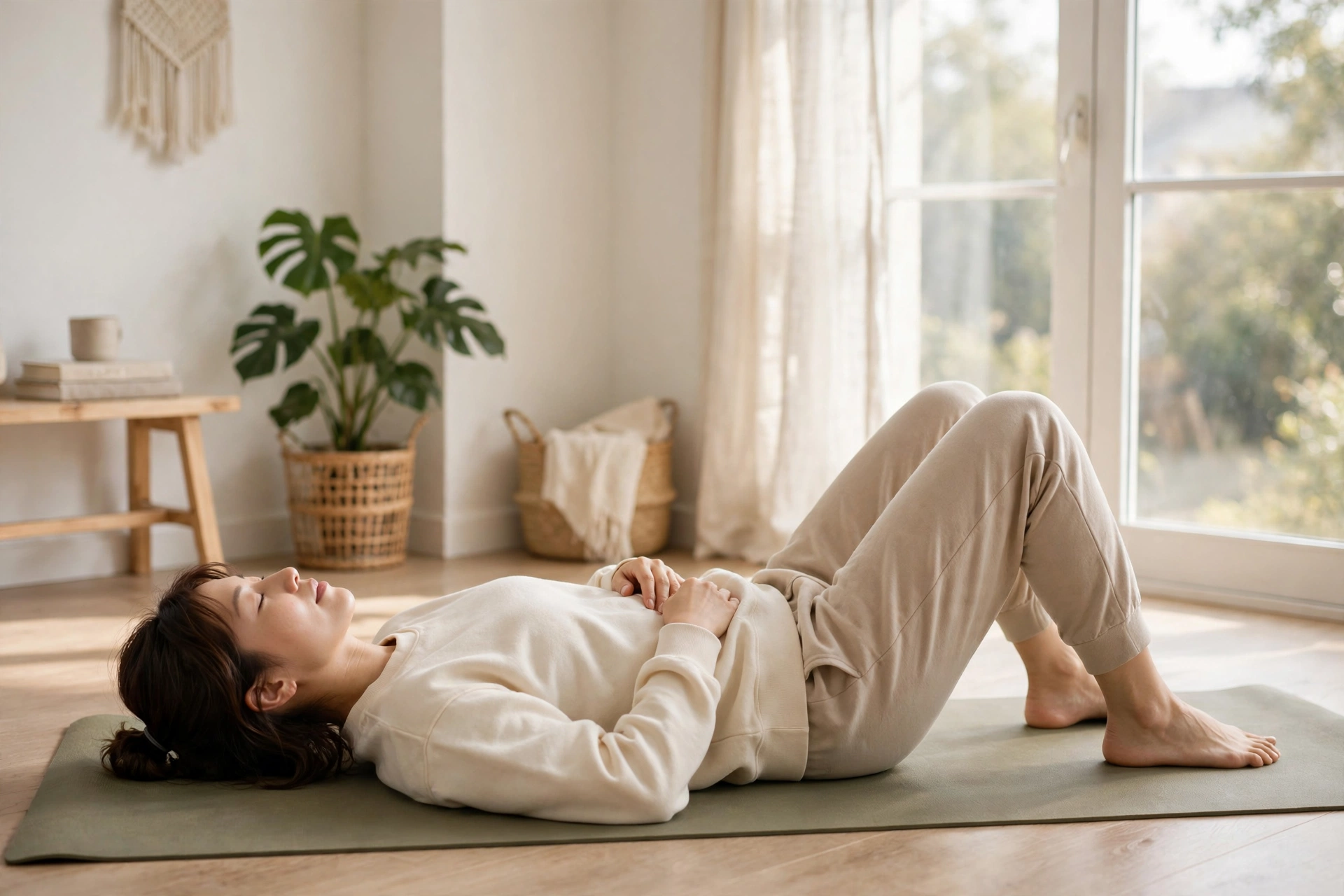 Woman practicing a gentle breathing relaxation exercise on a yoga mat